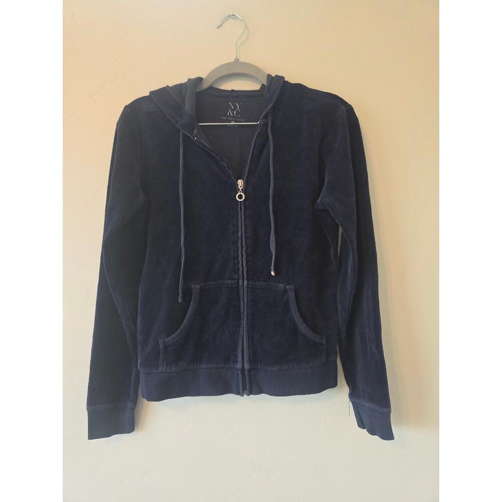 Y2K NY&C Navy Velour Zip Hoodie Rhinestone Pull XS